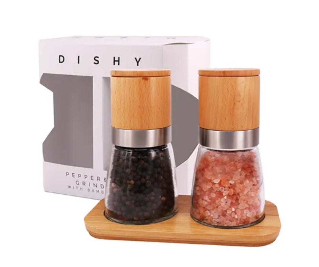 DISHY BUD SET - SALT & PEPPER GRINDERS WITH BAMBOO TRAY