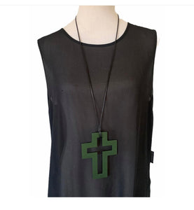 Two Blonde Bobs - Large Dark Green Cross Necklace