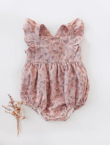 Karolina Linen Playsuit In Cotton Puff Print - Dusty Pink