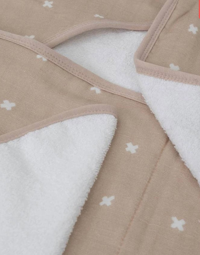 Hooded Towel + Wash Cloth - Taupe Cross