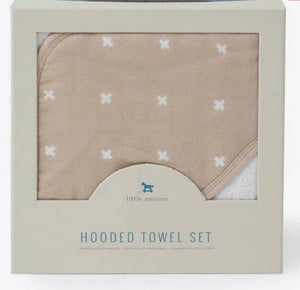 Hooded Towel + Wash Cloth - Taupe Cross