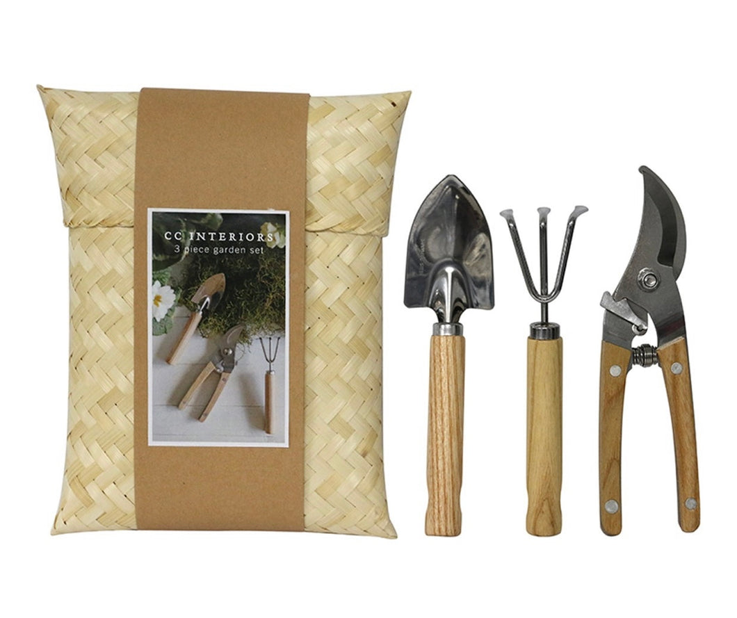 3 PIECE GARDEN TOOL SET STAINLESS STEEL AND WOOD IN WOVEN BAMBOO POUCH